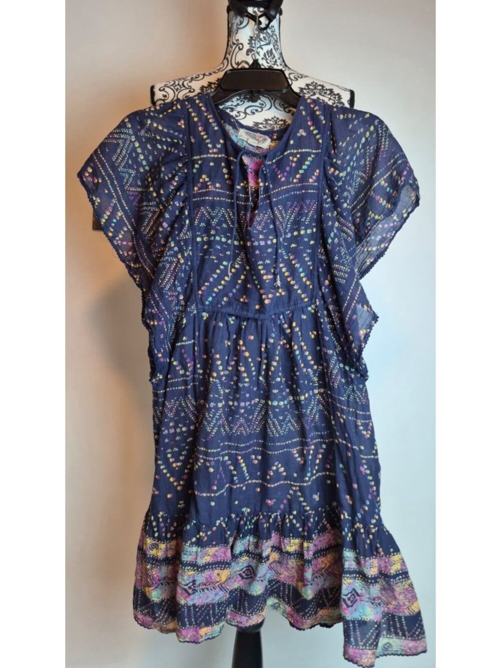 Ecote Urban Outfitters Boho Mini Dress Navy Batik Print Tiered Ruffle Sleeve M